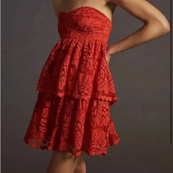 open lace back dress Anthropologie Red Lace "Summer Moon Dress" by Maeve, Size 6, Originall   The Mustard Dandelion